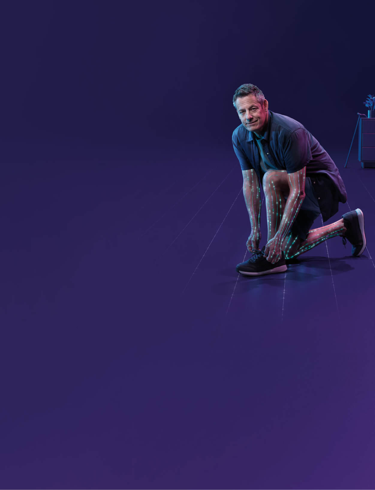 Header image: man kneeling tying his shoe with nerves activating along his arms and legs